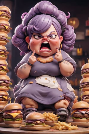 high with
ugly woman
purple hair
obese
eating a lot of burgers

restaurant full of food