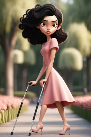 high quality
black hair woman
without a leg
pink dress
on crutches

walking
a park