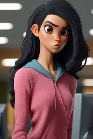 high quality
black hair woman
pink dress
many moles
walking
a parkin front of computer

blue sweatshirt
in gym