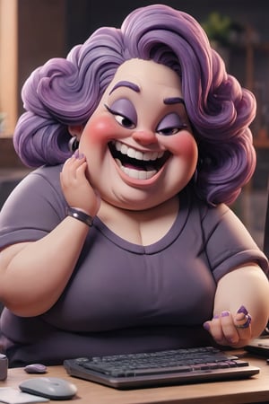 high quality
obese woman
ugly purple hair

smiling
looking at computer
