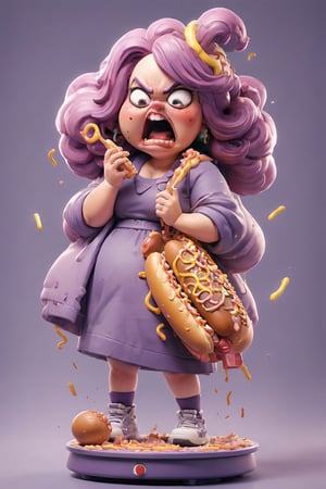 high with
ugly woman
purple hair
obese
eating giant hot dog

a scale explodes