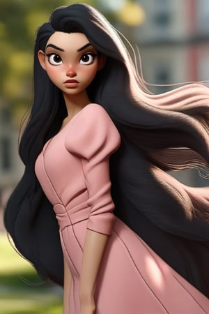 high quality
black hair woman
pink dress
many moles
walking
a park

