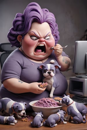 high quality
obese woman
ugly purple hair
with dogs
rabid
eating

in a room with a computer