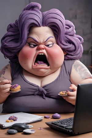 high quality
obese woman
ugly purple hair
eating

in a room with a computer