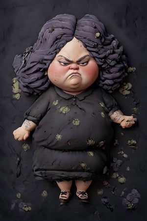 high quality
obese woman
ugly purple hair
dressed in black

with black and white flowers