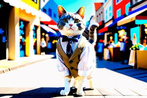 "A gray and white cat, elegantly dressed in human clothes, stands on two legs in the sunlight, with a background of a fashionable shopping street."
