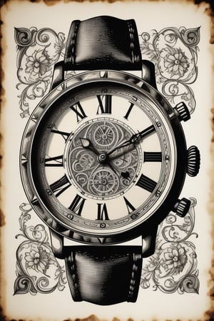 old paper etching of black wrist watch with iron frame,(in the style of Albrecht Dürer:1.2),medieval pattern,black and white,white background,archaic,ornamental,retro,old fashioned,best quality