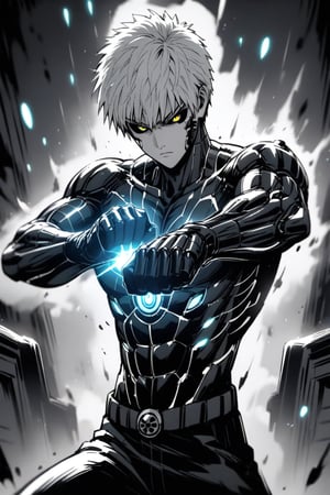 Ink and pew drawing,monochrome,1boy,genos, one-punch man, cyborg, black sclera,yellow eye, white shirts,glowing machine body and arm, fighting stance,masterpiece ,more detail XL
