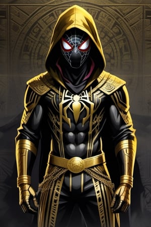 SSpider-Man with Peruvian Inca and Andean clothing, black and gold clothing with a nocturnal and gloomy background, which looks like an anti-hero