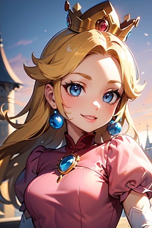 Peach_SMP,  masterpiece, best quality, highres, pch, pink dress, brooch, puffy sleeves, short sleeves, smile, elbow gloves, earrings, crown, outside of castle, medium breasts, upper body, close-up, 
