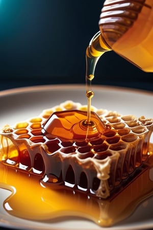 a piece of honey in a honeycomb lies on a plate with liquid dripping from the honey.beautiful photo,subdued light,detail,tradition,digital art.