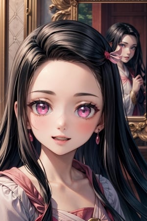 masterpiece, portrait of the face in the frame in the hand, portrait of the character in the frame held in the hand , foreground, nezuko, black hair, pink eyes,  forehead, perfect, nezuko, sexy, ecchi,