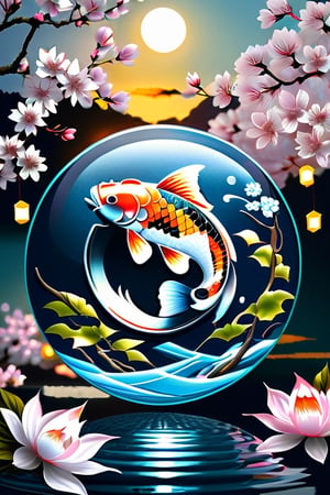 Japanese Koi Fish in Yin Yang pose, digital painting art, insanely detailed and intricate, ornate, retro cyberpunk fantasy, hyper realistic, hyper maximalist, wrapped in a transparent glass orb, lush Japanese aesthetic garden with cherry blossoms and lanterns with koi fish patterns in background, atomic design style of 1950's retro futurismo, with a color scheme of blue and white