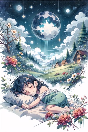 girl, sleeping, peaceful, dreamy, moonlit night, soft blankets, gentle breeze, serene expression, curled up, tranquil atmosphere, starry sky, comfortable bed, content smile, sleeping peacefully, calm surroundings, deep slumber,CrclWc,WtrClr,sky