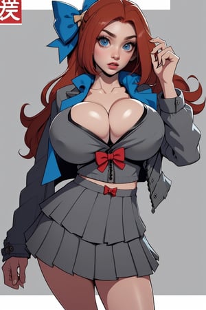 Masterpiece, Best Quality, perfect breasts, perfect face, perfect composition, UHD, 4k, ((1girl)), (((bow, grey jacket, shirt, pleated skirt))), ((in Japanese city)), busty woman, great legs, ((red hair)), ((long hair)), ((blue bow in hair)), ((natural breasts)), ,orihimeschool