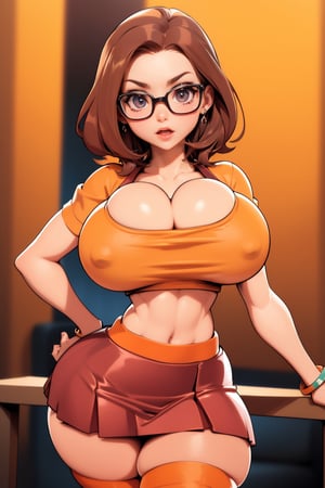 Masterpiece, Best Quality, perfect breasts, perfect face, perfect composition, UHD, 4k, ((1girl)), ((solo)), dark-brown eyes, (((red skirt))), (((tight orange top))), at night, busty woman, great legs, ((dark-brown hair)), shoulder-length hair, ((natural breasts)), (((thick rimmed glasses))), thigh high stockings, red lipstick, (cowboy shot),narrow waist,sexy fit body
