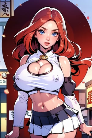 Masterpiece, Best Quality, perfect breasts, perfect face, perfect composition, UHD, 4k, ((1girl)), (((white top, center opening, navel, midriff, short skirt, detached sleeves))), ((in Japanese city)), busty woman, great legs, ((red hair)), ((long straight hair)),, ((natural breasts)),