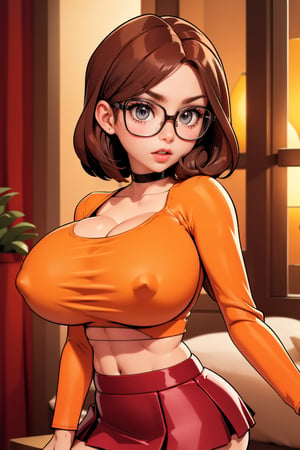 Masterpiece, Best Quality, perfect breasts, perfect face, perfect composition, UHD, 4k, ((1girl)), dark-brown eyes, (((short red skirt))), (((long-sleeve orange top))), ((underboob)), in a gothic house, at night, busty woman, great legs, ((dark-brown hair)), shoulder-length hair, ((natural breasts)), (((thick rimmed glasses))), thigh high stockings, red lipstick,thepit,velma