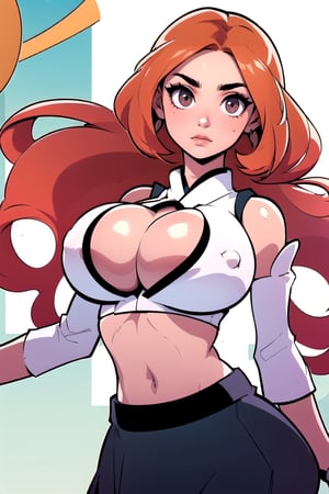 Masterpiece, Best Quality, perfect breasts, perfect face, perfect composition, UHD, 4k, ((1girl)), (((white top, center opening, navel, midriff, skirt, detached sleeves))), ((in Japanese city)), busty woman, great legs, ((red hair)), ((long straight hair)),, ((natural breasts)),