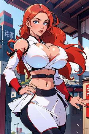 Masterpiece, Best Quality, perfect breasts, perfect face, perfect composition, UHD, 4k, ((1girl)), (((white top, center opening, navel, midriff, skirt, detached sleeves))), ((in Japanese city)), busty woman, great legs, ((red hair)), ((straight hair)),, ((natural breasts)),