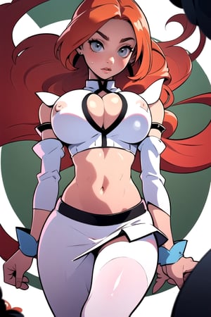 Masterpiece, Best Quality, perfect breasts, perfect face, perfect composition, UHD, 4k, ((1girl)), (((white top, center opening, navel, midriff, skirt, detached sleeves))), ((in Japanese city)), busty woman, great legs, ((red hair)), ((long straight hair)),, ((natural breasts)),