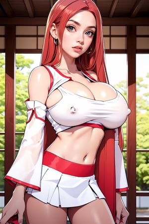 Masterpiece, Best Quality, perfect breasts, perfect face, perfect composition, UHD, 4k, ((1girl)), (((white top, center opening, navel, midriff, short skirt, detached sleeves))), ((in Japanese city)), busty woman, great legs, ((red hair)), ((long straight hair)),, ((natural breasts)),