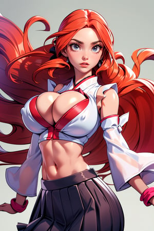 Masterpiece, Best Quality, perfect breasts, perfect face, perfect composition, UHD, 4k, ((1girl)), (((orihimedef, white top, center opening, navel, midriff, skirt, detached sleeves))), ((in Japanese city)), busty woman, great legs, ((red hair)), ((long straight hair)),, ((natural breasts)),
