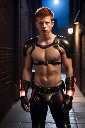 one male, teenager, young, Kevin Rankin, mohawk_(hair), red hair, wrist cuffs, dark alley, night, leather briefs, leather jock strap, detail, high detail, Glowing red eyes, modern jet black armor, breastplate, armor, athletic body, no shirt, no pants, boots