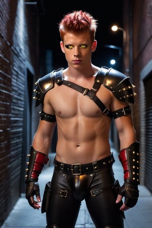 one male, teenager, young, Kevin Rankin, mohawk_(hair), red hair, wrist cuffs, dark alley, night, leather briefs, leather jock strap, detail, high detail, Glow red eyes, modern jet black armor, breastplate, armor, athletic body, no shirt, no pants