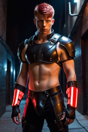 one male, teenager, young, Kevin Rankin, mohawk_(hair), red hair, wrist cuffs, dark alley, night, leather briefs, leather jock strap, detail, high detail, Glow red eyes, jet black armor, breastplate, armor, athletic body, 2077, cyberpunk, zavy-cbrpnk, arcane tech, no shirt, no pants, glowing red laces