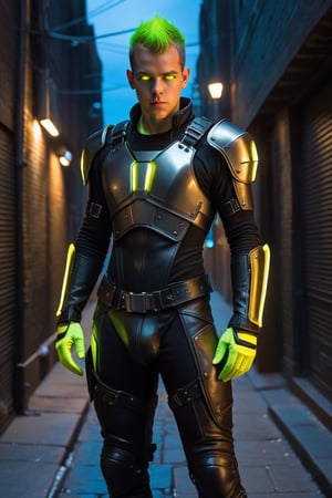 one male, teenager, Sean Murray, mohawk_(hair), chartreuse hair, wrist cuffs, dark alley, night, leather briefs, leather jock strap, detail, high detail, Glow chartreuse eyes, jet black armor, breastplate, armor, athletic body, 2077, cyberpunk, zavy-cbrpnk, arcane tech, no shirt, no pants, glowing chartreuse laces