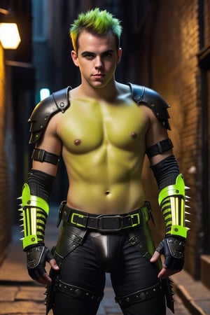 one male, teenager, Sean Murray, mohawk_(hair), chartreuse hair, hirsute, hairy man, chest hair, hairy arms, hairy chest, hairy belly, hairy body, arm hair, spikes, wrist cuffs, dark alley, night, leather briefs, leather jock strap, detail, high detail, ghostly Glow chartreuse eyes, jet black armor, breastplate, armor, athletic body, 2077, cyberpunk, zavy-cbrpnk, arcane tech, no shirt, no pants, glowing chartreuse laces