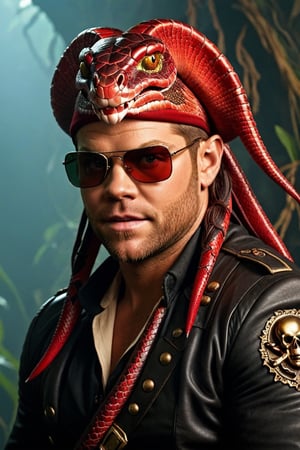 Wes Chatham as a Gorgon with red snakes for hair and wearing pirate attire and dark round lenses
