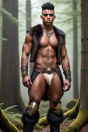 one male, whole body shot, show feet, young man, young warrior, standing, hirsute, Tyree Brown, shaved, Mohawk, ebony skin, black hair, black eyes, lean, lean muscles, primitive, fur vest, magic amulets, fur bracers, fur boots no laces, fur briefs, crotch bulge, big crotch, bone decoration, bone nose piercing, forest, hairy armpits, hairy groin, whole body shot, detail, high detail