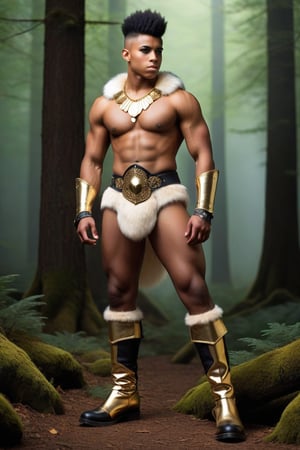 one male, whole body shot, show feet, teenager, young warrior, standing, hirsute, Tyree Brown, shaved, Mohawk, ebony skin, black hair, black eyes, lean, lean muscles, primitive, fur vest, magic amulets, gold bracers, fur boots no laces, fur briefs, crotch bulge, big crotch, bone decoration, forest, hairy armpits, hairy groin, whole body shot, detail, high detail