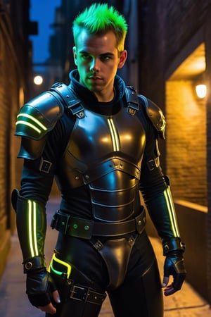 one male, teenager, Sean Murray, mohawk_(hair), chartreuse hair, wrist cuffs, dark alley, night, leather briefs, leather jock strap, detail, high detail, Glow chartreuse eyes, jet black armor, breastplate, armor, athletic body, 2077, cyberpunk, zavy-cbrpnk, arcane tech, no shirt, no pants, glowing chartreuse laces
