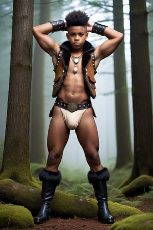 one male, whole body shot, show feet, teenager, young warrior, standing, hirsute, Tyree Brown, shaved, Mohawk, ebony skin, black hair, black eyes, lean, lean muscles, primitive, fur vest, magic amulets, fur bracers, fur boots no laces, fur briefs, crotch bulge, big crotch, bone decoration, forest, hairy armpits, hairy groin, whole body shot, detail, high detail