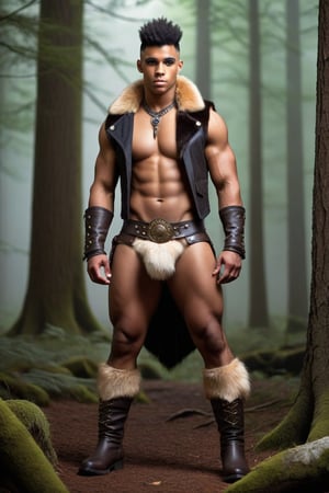 one male, whole body shot, show feet, young man, young warrior, standing, hirsute, Tyree Brown, shaved, Mohawk, ebony skin, black hair, black eyes, lean, lean muscles, primitive, fur vest, magic amulets, fur bracers, fur boots no laces, fur briefs, crotch bulge, big crotch, bone decoration, forest, hairy armpits, hairy groin, whole body shot, detail, high detail