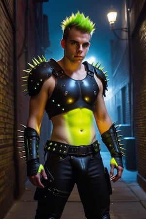 one male, teenager, Sean Murray, mohawk_(hair), chartreuse hair, hirsute, hairy man, chest hair, hairy arms, hairy chest, hairy belly, hairy body, furry chest, arm hair, spikes, wrist cuffs, dark alley, night, leather briefs, leather jock strap, detail, high detail, ghostly Glow eyes, jet black armor, chest armor, armor, athletic body, 2077, cyberpunk, zavy-cbrpnk, arcane tech, no shirt, no pants, glowing chartreuse laces