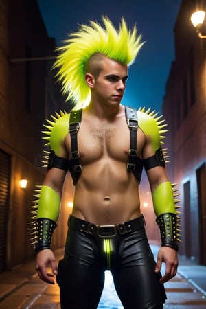 one male, teenager, Sean Murray, mohawk_(hair), chartreuse hair, hirsute, hairy man, chest hair, hairy arms, hairy chest, hairy belly, hairy body, furry chest, arm hair, spikes, wrist cuffs, dark alley, night, leather briefs, leather jock strap, detail, high detail, ghostly Glow chartreuse eyes, jet black armor, breastplate, armor, athletic body, 2077, cyberpunk, zavy-cbrpnk, arcane tech, no shirt, no pants, glowing chartreuse laces