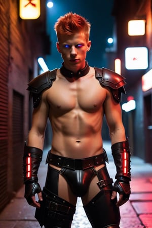 one male, teenager, young, Kevin Rankin, mohawk_(hair), red hair, wrist cuffs, dark alley, night, leather briefs, leather jock strap, detail, high detail, Glow red eyes, jet black armor, breastplate, armor, athletic body, 2077, cyberpunk, zavy-cbrpnk, arcane tech, no shirt, no pants, glowing red laces