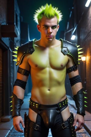 one male, teenager, Sean Murray, mohawk_(hair), chartreuse hair, hirsute, hairy man, chest hair, arm hair, spikes, wrist cuffs, dark alley, night, leather briefs, leather jock strap, detail, high detail, ghostly Glow chartreuse eyes, jet black armor, breastplate, armor, athletic body, 2077, cyberpunk, zavy-cbrpnk, arcane tech, no shirt, no pants, glowing chartreuse laces