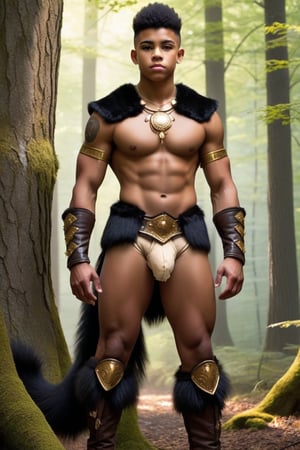 one male, teenager, young warrior, standing, hirsute, Tyree Brown, shaved, Mohawk, ebony skin, black hair, black eyes, lean, lean muscles, primitive, fur vest, magic amulets, fur bracers, fur boots no laces, fur briefs, crotch bulge, big crotch, bone decoration, forest, hairy armpits, hairy groin, whole body shot, detail, high detail