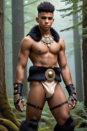one male, whole body shot, show feet, teenager, young warrior, standing, hirsute, Tyree Brown, shaved, Mohawk, ebony skin, black hair, black eyes, lean, lean muscles, primitive, fur vest, magic amulets, fur bracers, fur boots no laces, fur briefs, crotch bulge, big crotch, bone decoration, forest, hairy armpits, hairy groin, whole body shot, detail, high detail