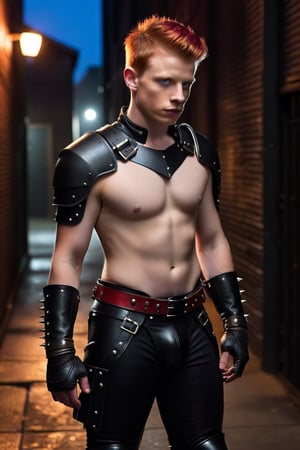 one male, teenager, young, Kevin Rankin, mohawk_(hair), pale skin, red hair, wrist cuffs, dark alley, night, leather briefs, leather jock strap, detail, high detail, Glowing red eyes, modern jet black armor, breastplate, armor, athletic body, no shirt, no pants, boots