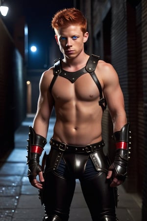 one male, teenager, young, Kevin Rankin, mohawk_(hair), red hair, wrist cuffs, dark alley, night, leather briefs, leather jock strap, detail, high detail, Glowing red eyes, modern jet black armor, breastplate, armor, athletic body, no shirt, no pants, boots