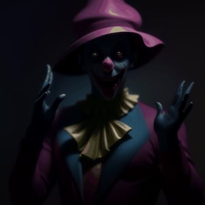 close up, (((1 male ghoulish clowns waving 1 hand))), look at viewer, eerie, unsettling, dark, suspenseful, dim light, dark art
