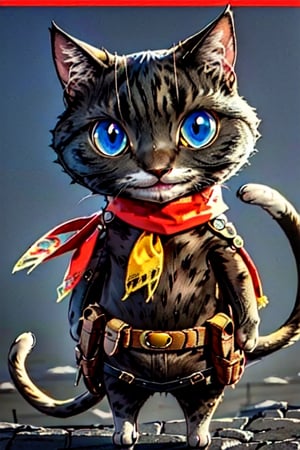 solo, looking at viewer, smile, blue eyes,comic background,  tail, full body, belt, scarf, neckerchief,furry, cat, red background, pouch, black cat, animal focus, yellow scarf, morgana ,persona 5