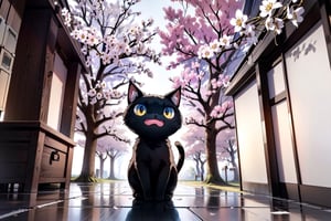 A complete, cute magical black cat and white cat,  faint pinkish-white light on its body.  stand on sakura tree, magical realism, classical style, clean color, fine and smooth hair , 8k, (sharp focus:1.2), super wide angle