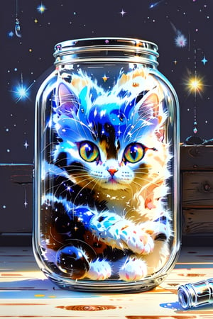 stickers design. ((cute cat and Milky Way in a Bottle, top of the wood)), watercolor style, cute cat,Cats are liquid ,glass art,HYPER REAL CAT 